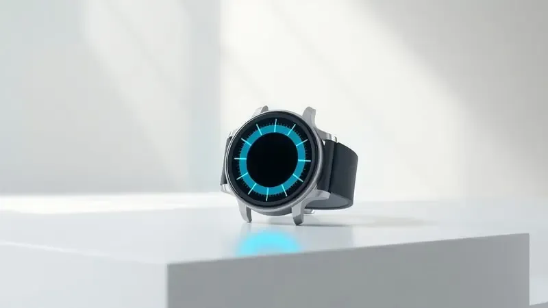 Renderização 3D conceitual de smartwatch com ondas sonoras representando funcionalidade de assistente de voz integrada em cenário minimalista elegante.