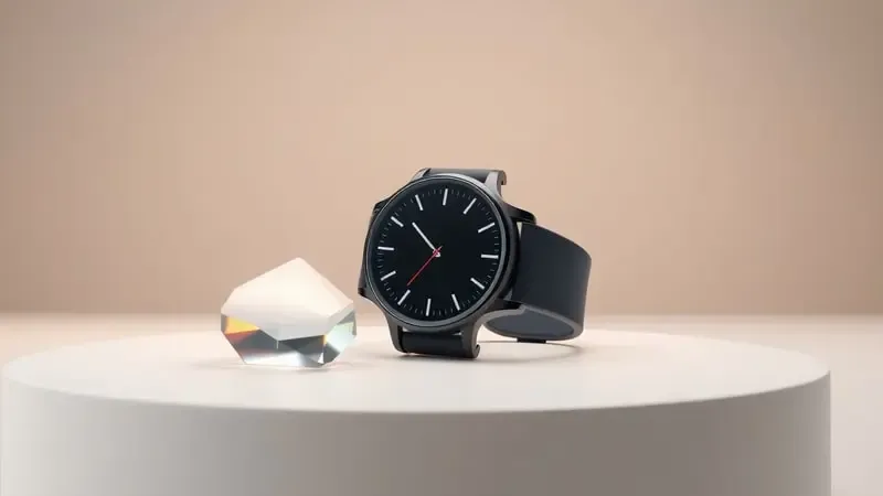 Renderização 3D conceitual de smartwatch acessível com prisma de luz representando valor e qualidade com design limpo e iluminação suave.