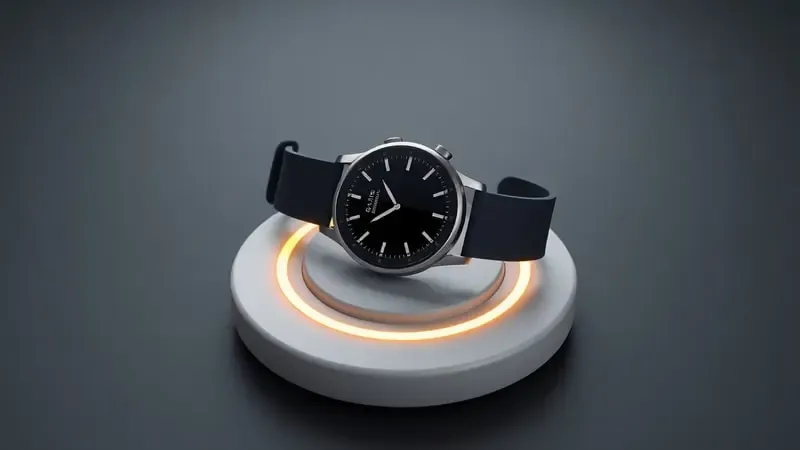 Smartwatch genérico sobre base de carregamento sem fio com anel luminoso simbolizando eficiência energética e bateria.