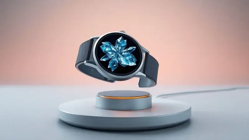 Render 3D de smartwatch sem marca com tela brilhante de alta definição e base de carregamento minimalista representando bateria duradoura.