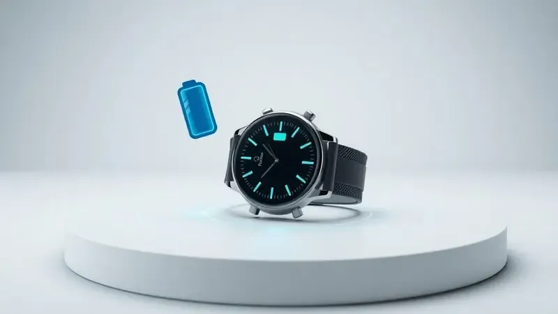 Renderização 3D conceitual de smartwatch com tema de bateria de longa duração e ondas de energia abstratas em tons de azul
