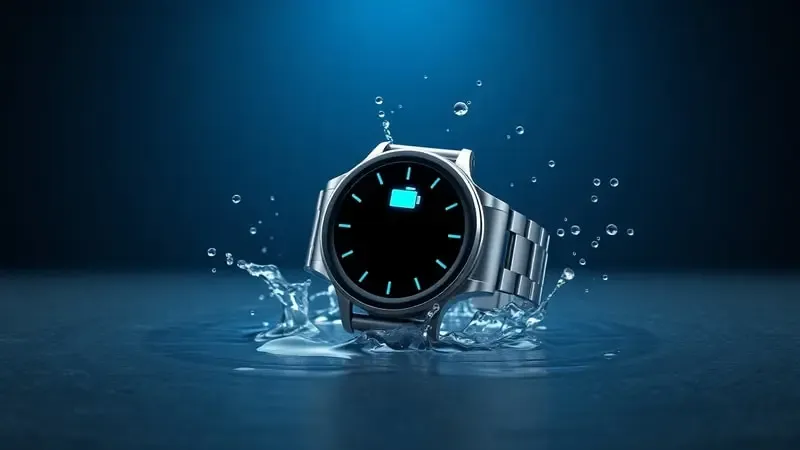 Renderização 3D de smartwatch resistente com gotículas de água e ícone de bateria abstrato em ambiente escuro com iluminação azul fria.