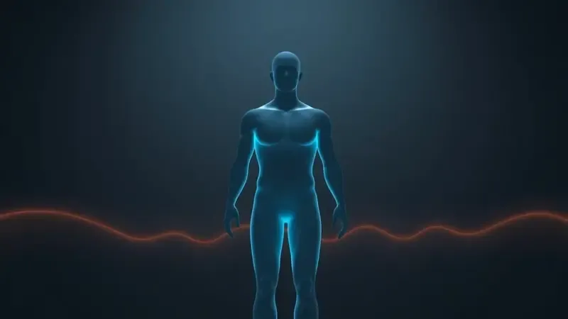 Conceito 3D abstrato de silhueta humana translúcida com anéis de dados biométricos e ondas de energia representando cálculo calórico.