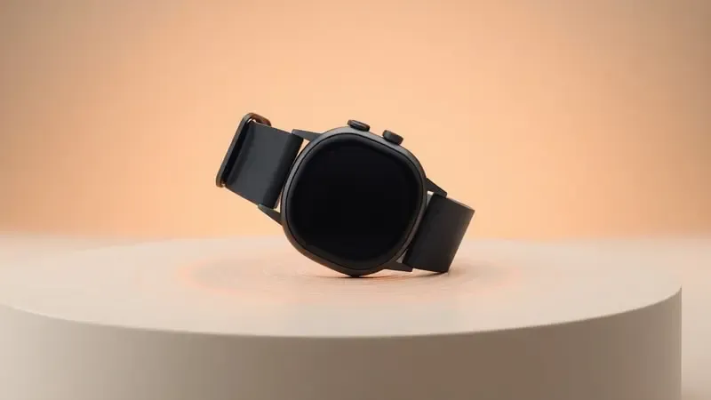 Smartwatch com ondas abstratas de energia em tons âmbar emanando do sensor, representando o cálculo tecnológico de calorias gastas pelo corpo.