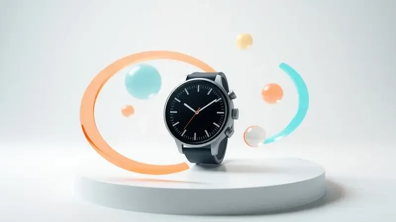 Smartwatch conceitual com elementos visuais abstratos representando metabolismo e cálculo de calorias em renderização 3D