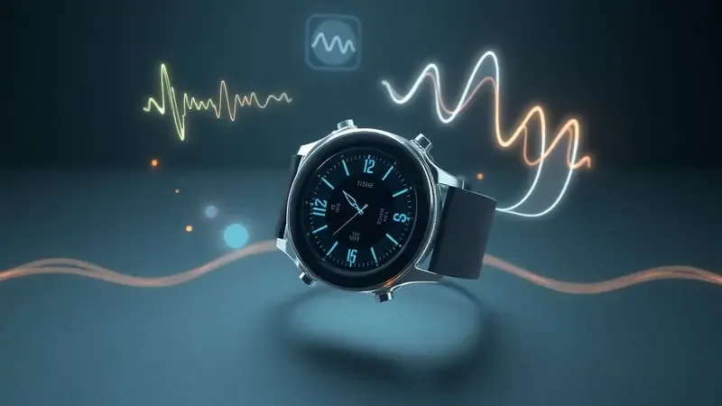 Renderização 3D de smartwatch com sensores biométricos expostos e visualizações abstratas de dados de gasto calórico