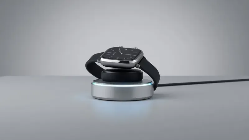 Render 3D de smartwatch genérico carregando em base magnética com iluminação LED sutil e fundo neutro minimalista