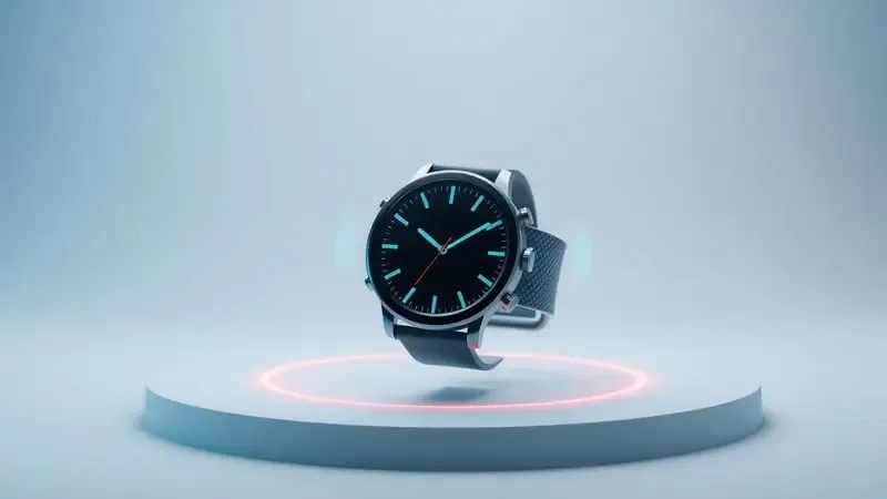 Render 3D de smartwatch sem marca com ondas sonoras translúcidas e anéis concêntricos representando chamadas Bluetooth independentes do smartphone.