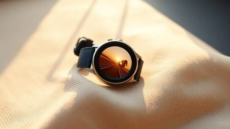 Close de smartwatch genérico exibindo foto pessoal no mostrador em renderização 3D conceitual com iluminação natural suave