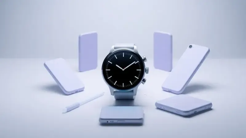 Render 3D conceitual de smartwatch sem marca entre silhuetas abstratas de smartphones com feixes de luz representando compatibilidade universal.