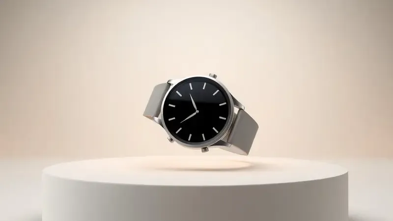 Smartwatch conceitual flutuando em ambiente minimalista com iluminação profissional representando tecnologia vestível moderna