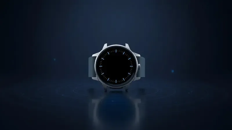 Renderização 3D de smartwatch com nós de conexão abstratos e ondas de sinal representando conectividade moderna.