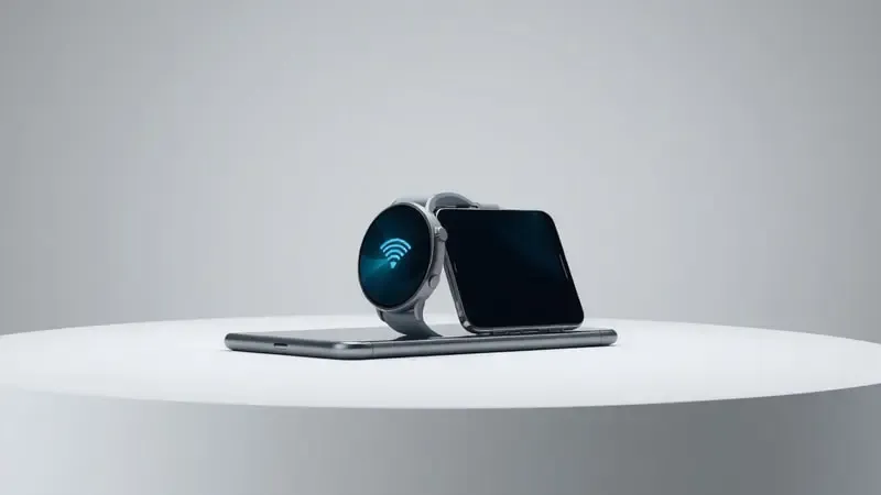 Renderização 3D conceitual de smartwatch e smartphone genéricos lado a lado sugerindo conectividade sem fio com elementos visuais abstratos.