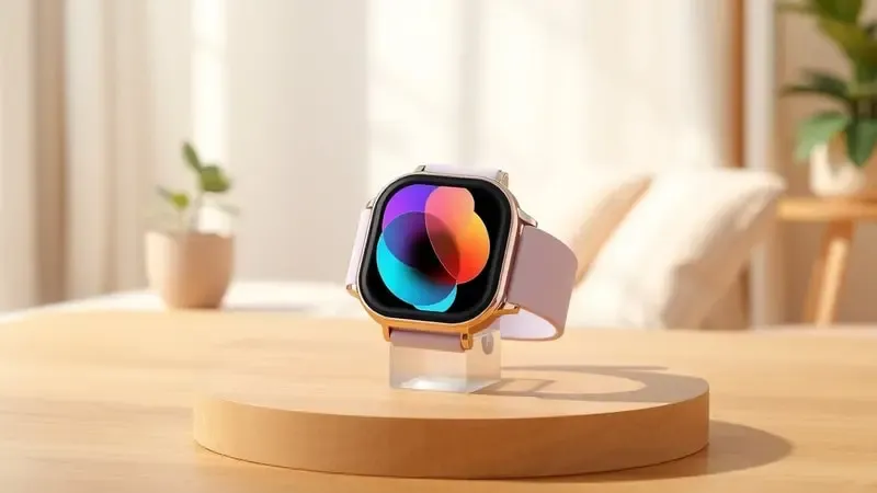 Renderização 3D de smartwatch elegante para consumidor sobre suporte curvo em ambiente clean com elementos naturais e luz suave