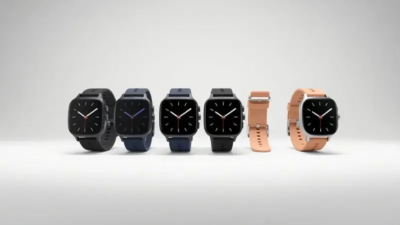 Renderização 3D de smartwatches genéricos em diferentes cores de pulseira alinhados em composição minimalista.