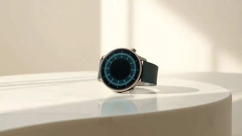 Render 3D conceitual de smartwatch com anéis de dados abstratos luminosos flutuando sobre superfície marmorizada com luz natural suave.