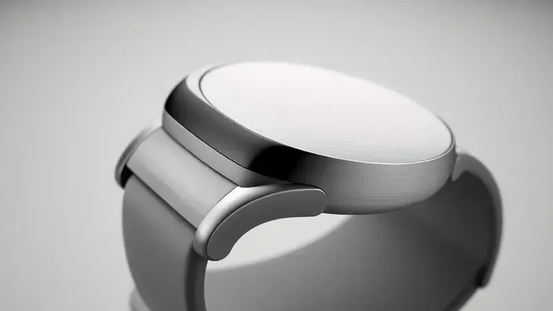 Detalhe em close-up de smartwatch genérico mostrando caixa metálica escovada e pulseira de silicone com iluminação profissional de estúdio.