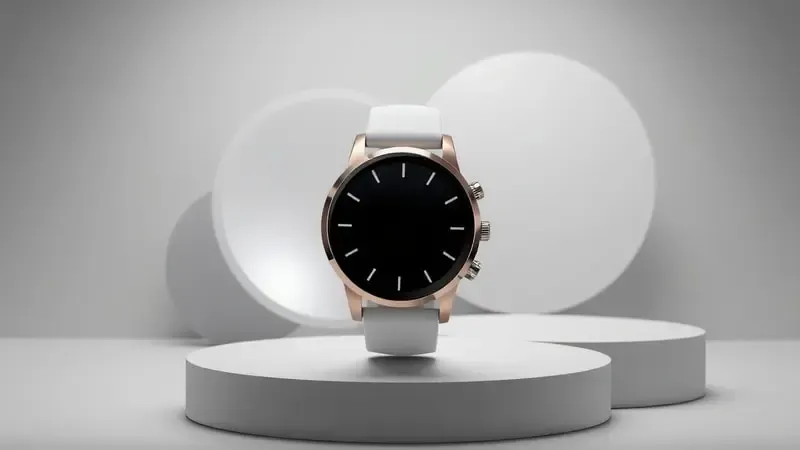 Renderização 3D de smartwatch genérico com design circular moderno e pulseira minimalista em fundo neutro.