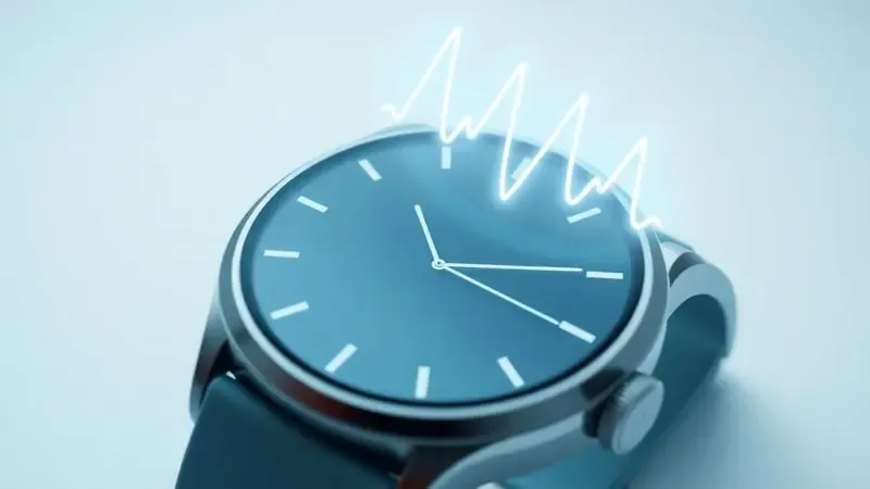 Smartwatch exibindo leitura de ECG com onda cardíaca luminosa em renderização 3D conceitual limpa