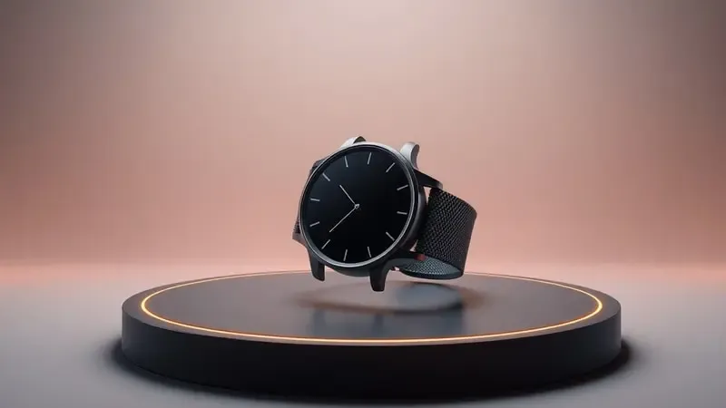 Render 3D de smartwatch elegante e minimalista sobre plataforma circular com iluminação dramática e fundo atmosférico.