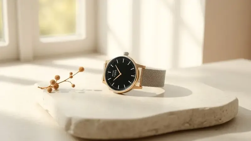 Conceito 3D de smartwatch elegante sobre superfície de pedra polida com elementos botânicos e luz natural serena