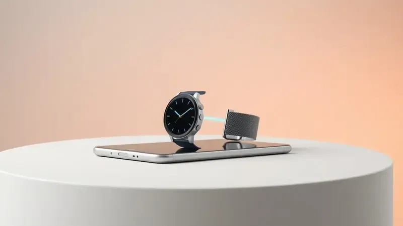 Smartwatch e smartphone emparelhando via Bluetooth durante configuração inicial em renderização 3D conceitual.