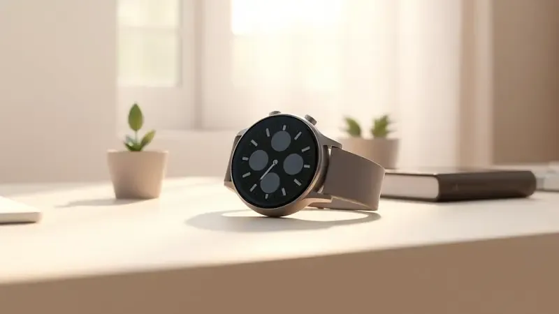 Renderização 3D de smartwatch de entrada com design simples sobre mesa minimalista iluminada por luz solar suave.