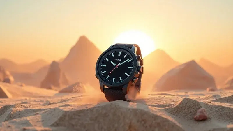 Render 3D conceitual de smartwatch esportivo em cenário abstrato de trilha ao ar livre.