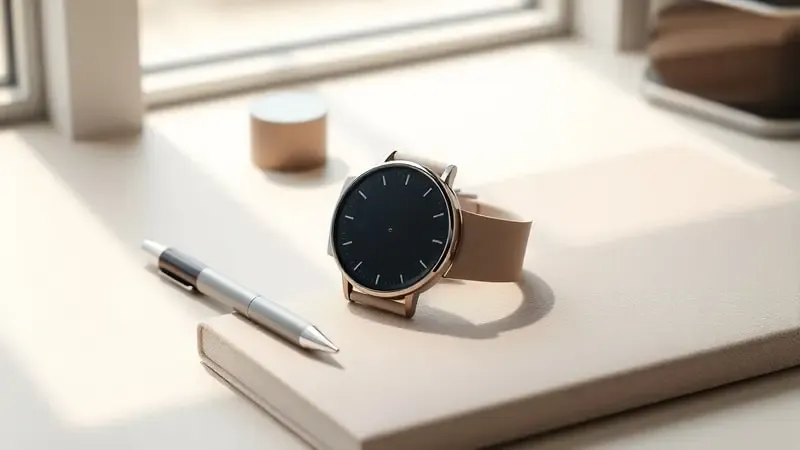 Renderização 3D de smartwatch genérico sobre mesa minimalista moderna com iluminação natural suave transmitindo estilo e sofisticação.