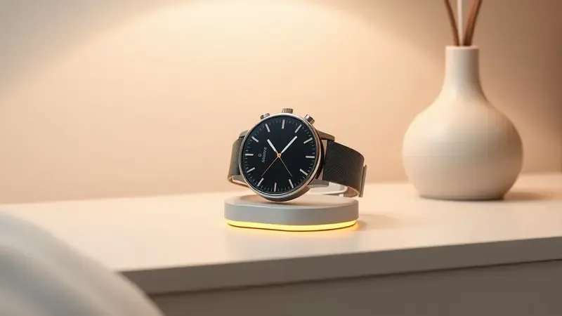 Renderização 3D de smartwatch feminino elegante em base de carregamento minimalista com brilho âmbar indicador de energia.