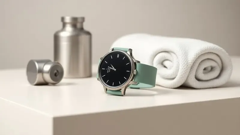Renderização 3D de smartwatch feminino esportivo elegante com acessórios fitness minimalistas em superfície clean de academia.