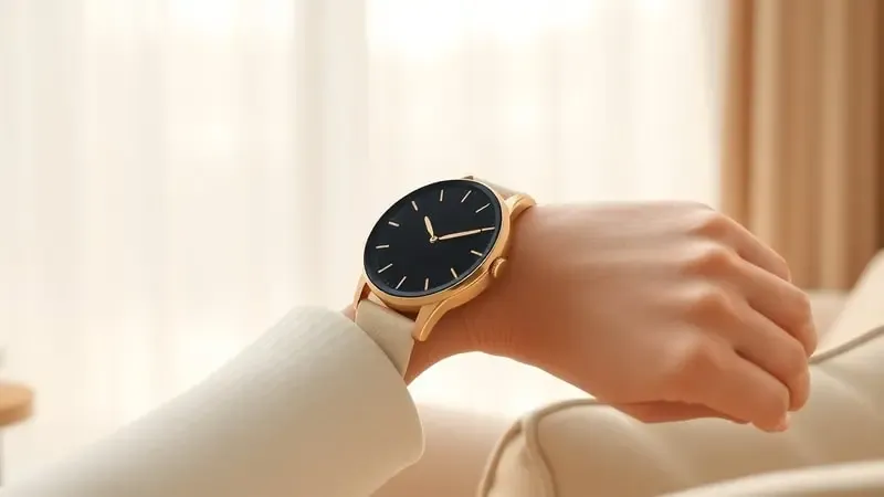 Renderização 3D de smartwatch feminino estiloso com pulseira de couro creme em pulso elegante com luz matinal suave.