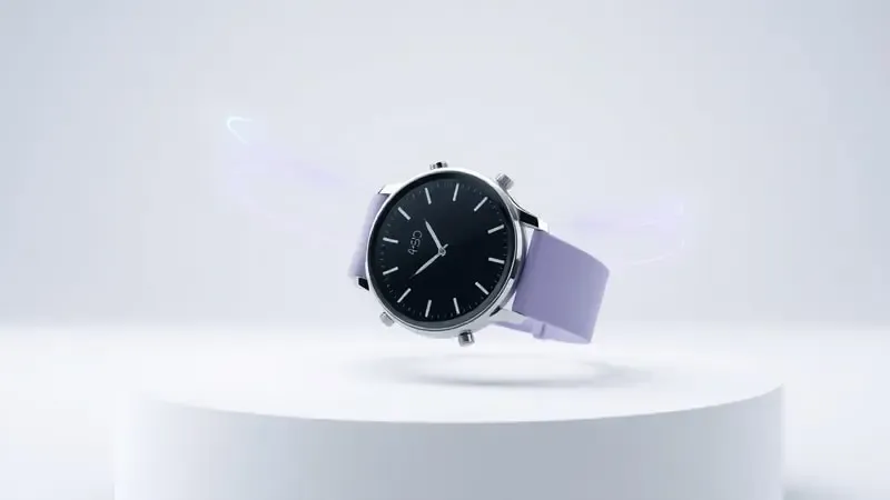 Renderização 3D conceitual de smartwatch feminino com anéis holográficos abstratos e arcos de dados flutuantes em estúdio clean.