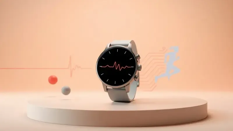 Renderização 3D conceitual de smartwatch com visualização de batimentos cardíacos e elementos abstratos de fitness.
