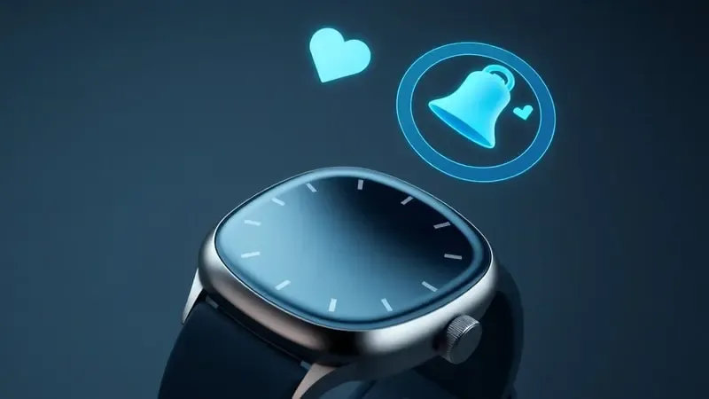 Close-up 3D de smartwatch com ícones holográficos abstratos representando funcionalidades como batimentos e notificações.