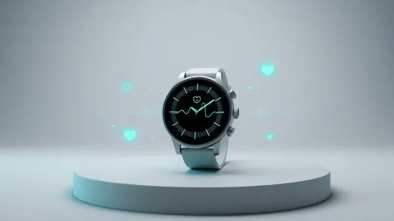 Renderização 3D conceitual de smartwatch com elementos visuais abstratos de monitoramento fitness como batimentos cardíacos e ondas de movimento
