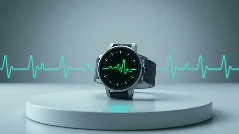 Renderização 3D de smartwatch exibindo monitor cardíaco conceitual representando funções de emergência que salvam vidas