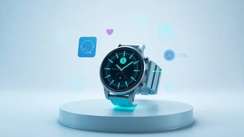 Renderização 3D de smartwatch genérico com elementos flutuantes representando funções de saúde e notificações.