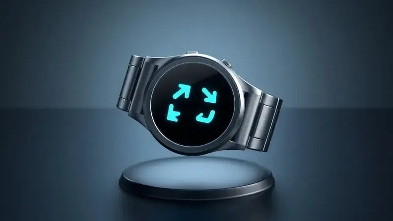 Render 3D conceitual de smartwatch genérico exibindo ícone abstrato de reinicialização com brilho ciano suave.