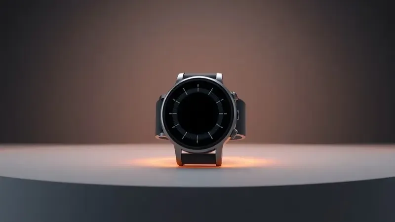 Render conceitual de smartwatch genérico com tela acendendo gradualmente em ambiente escuro sofisticado.