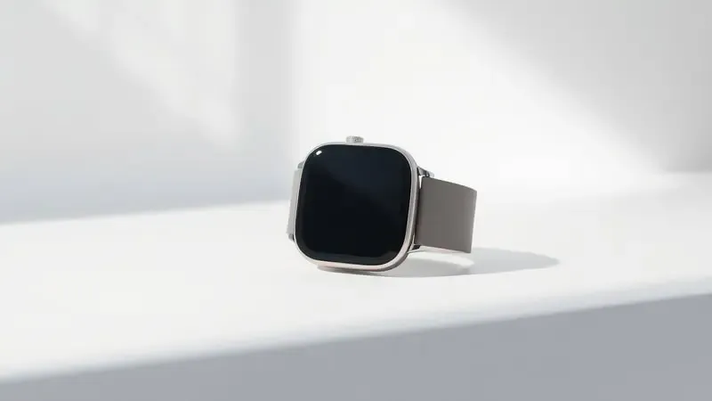 Render 3D de smartwatch genérico sem marca sobre superfície branca com iluminação natural suave e composição minimalista