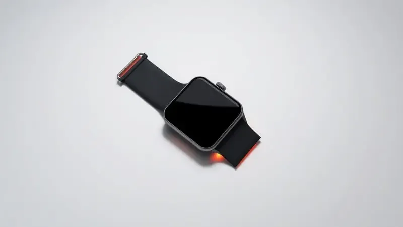 Render 3D de smartwatch genérico com tela escura e brilho âmbar diagnóstico em superfície limpa minimalista.