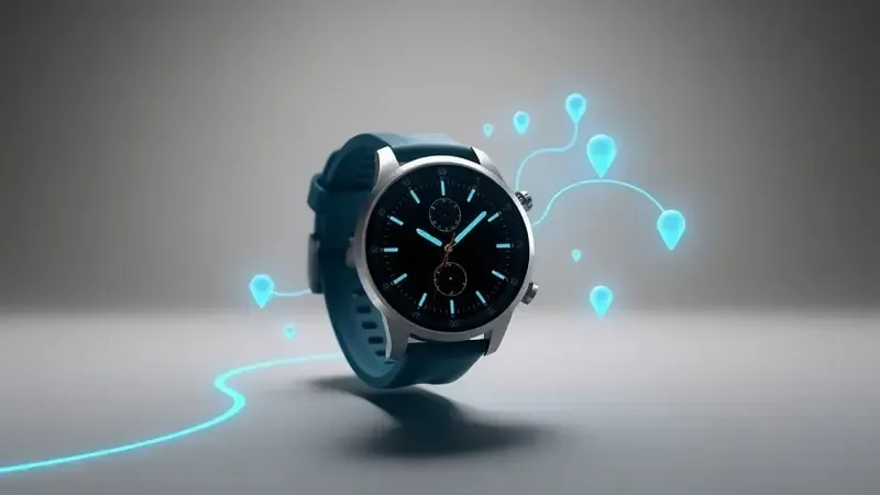 Smartwatch esportivo envolto por elementos visuais de GPS e rotas de corrida em renderização 3D conceitual