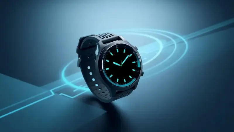 Render 3D de smartwatch esportivo sem marca com linhas orbitais e trilhas luminosas representando rastreamento GPS em atividades ao ar livre.