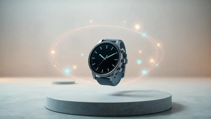 Conceito 3D de smartwatch com ícones holográficos abstratos orbitando e representando funções de saúde e conectividade