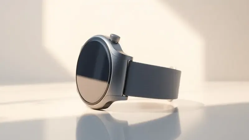 Renderização 3D de smartwatch leve com perfil fino e construção robusta sobre superfície reflexiva com iluminação natural suave