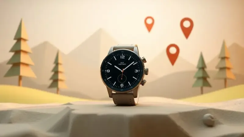 Render conceitual de smartwatch com LTE durante atividade ao ar livre com elementos abstratos de localização e segurança.