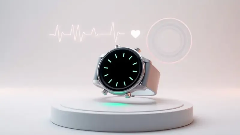Render conceitual 3D de smartwatch com sensores de saúde e métricas flutuantes de batimentos cardíacos e anéis de dados