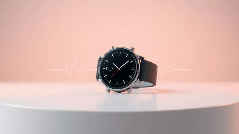 Renderização 3D de smartwatch com elementos visuais abstratos representando monitoramento de saúde e batimentos cardíacos.