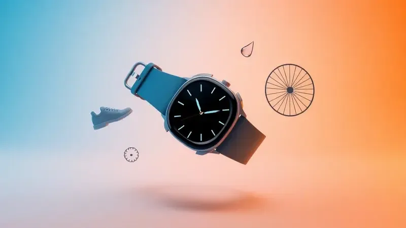 Renderização 3D conceitual de smartwatch com elementos esportivos abstratos orbitando representando versatilidade multiesportiva.